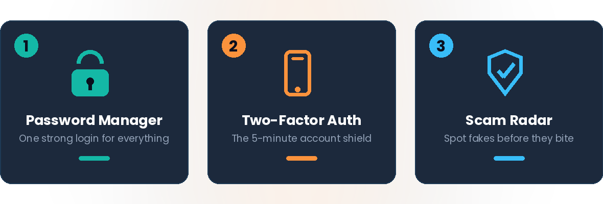 Bralads security essentials - password manager, two-factor auth and scam radar guides